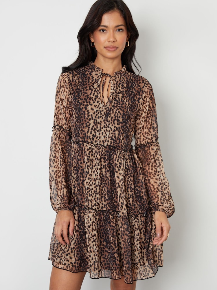 Threadbare Brown Leopard Print Tiered Chiffon Mini Dress - Image 1 of 4