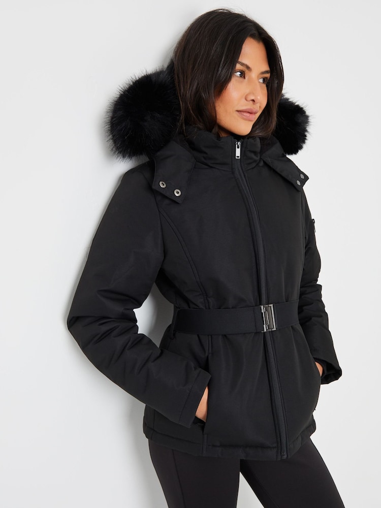 Threadbare Black Belted Padded Ski Jacket - Image 1 of 6