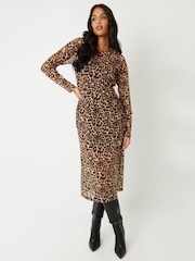 Threadbare Brown Leopard Print Mesh Long Sleeve Maxi Dress - Image 1 of 4