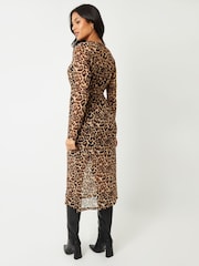 Threadbare Brown Leopard Print Mesh Long Sleeve Maxi Dress - Image 3 of 4