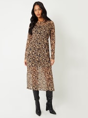 Threadbare Brown Leopard Print Mesh Long Sleeve Maxi Dress - Image 4 of 4