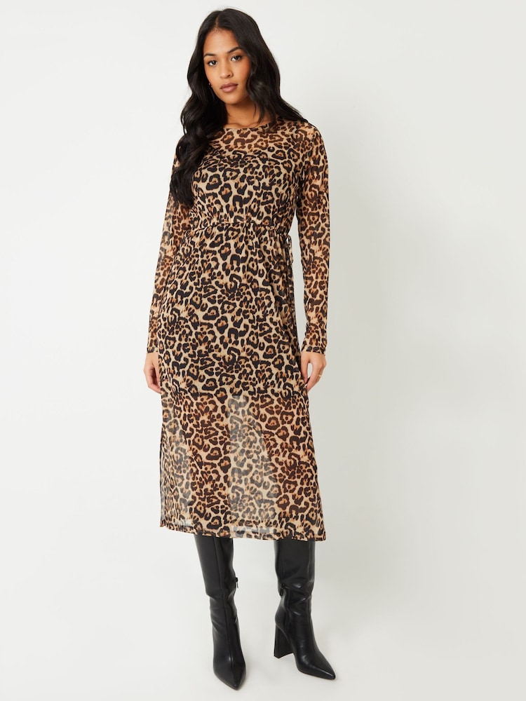 Threadbare Brown Leopard Print Mesh Long Sleeve Maxi Dress - Image 4 of 4