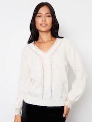 Threadbare White Lace Trim V-Neck Knitted Jumper - Image 1 of 4