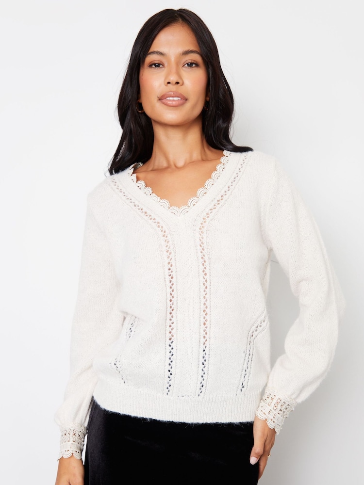 Threadbare White Lace Trim V-Neck Knitted Jumper - Image 1 of 4