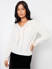 Threadbare White Lace Trim V-Neck Knitted Jumper - Image 2 of 4