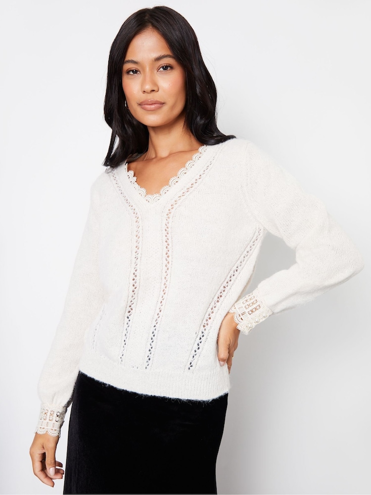 Threadbare White Lace Trim V-Neck Knitted Jumper - Image 2 of 4