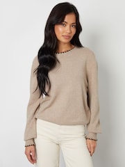Threadbare Natural Contrast Edge Balloon Sleeve Knitted Jumper - Image 1 of 4