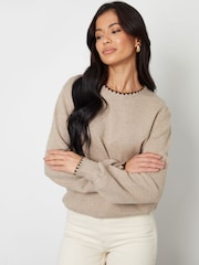 Threadbare Natural Contrast Edge Balloon Sleeve Knitted Jumper - Image 2 of 4