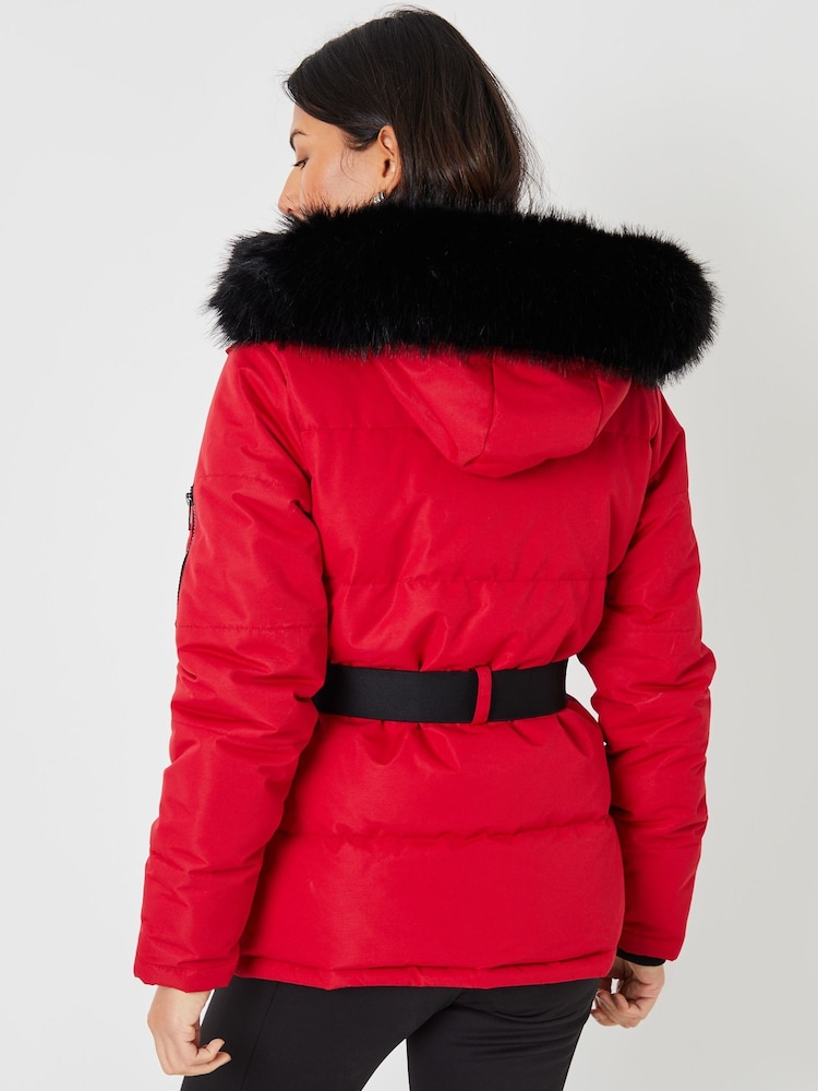 Threadbare Red Belted Padded Ski Jacket - Image 2 of 6