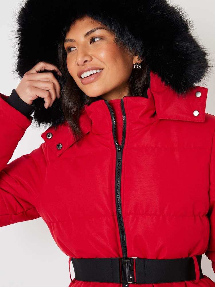 Threadbare Red Belted Padded Ski Jacket - Image 3 of 6