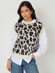 Threadbare Brown Leopard Print Brushed Knitted Vest - Image 1 of 4