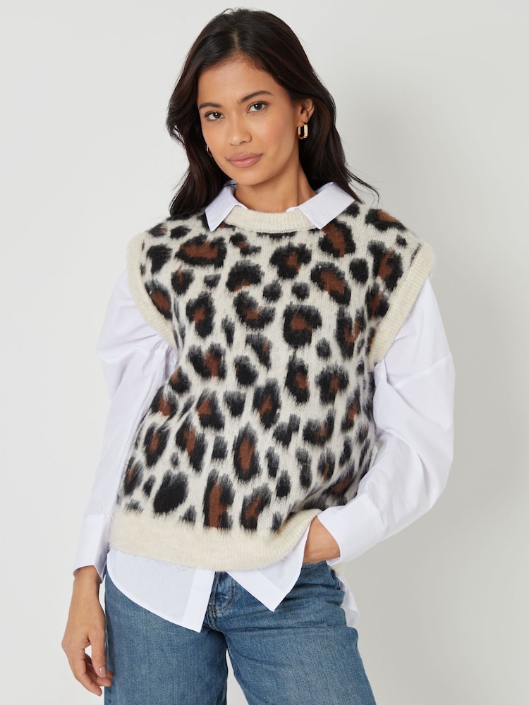Threadbare Brown Leopard Print Brushed Knitted Vest - Image 1 of 4