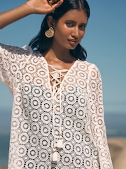 Love & Roses White Crochet Tie Detail Kaftan - Image 2 of 4