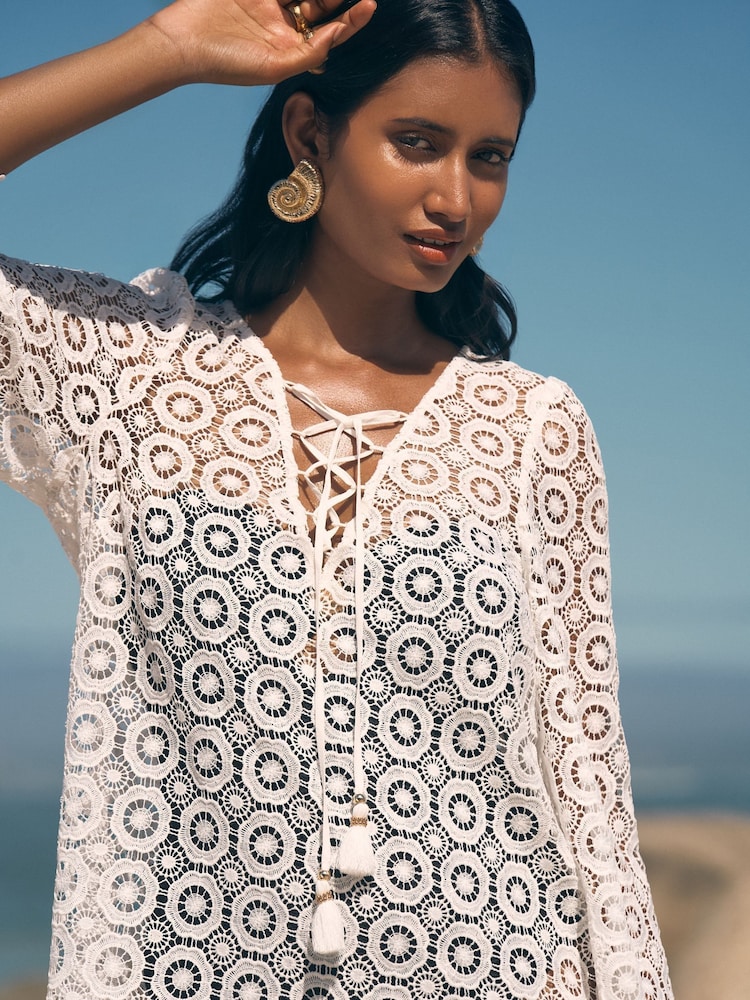 Love & Roses White Crochet Tie Detail Kaftan - Image 2 of 4