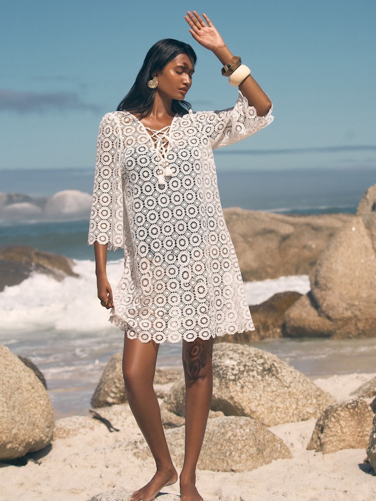 Love & Roses White Crochet Tie Detail Kaftan - Image 3 of 4
