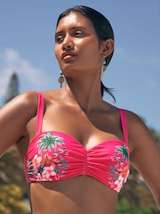 Love & Roses Pink Tropical Embroidered Ruched Bikini Top - Image 1 of 4