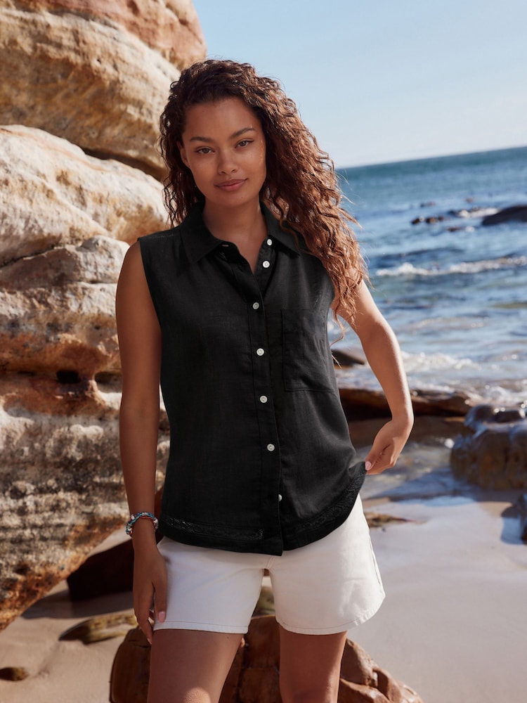 Black Sleeveless Shirt With Linen - Image 1 of 6