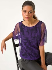 Roman Purple Floral Plisse Bubble Hem Top - Image 1 of 6