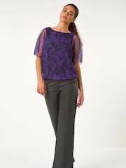 Roman Purple Floral Plisse Bubble Hem Top - Image 3 of 6