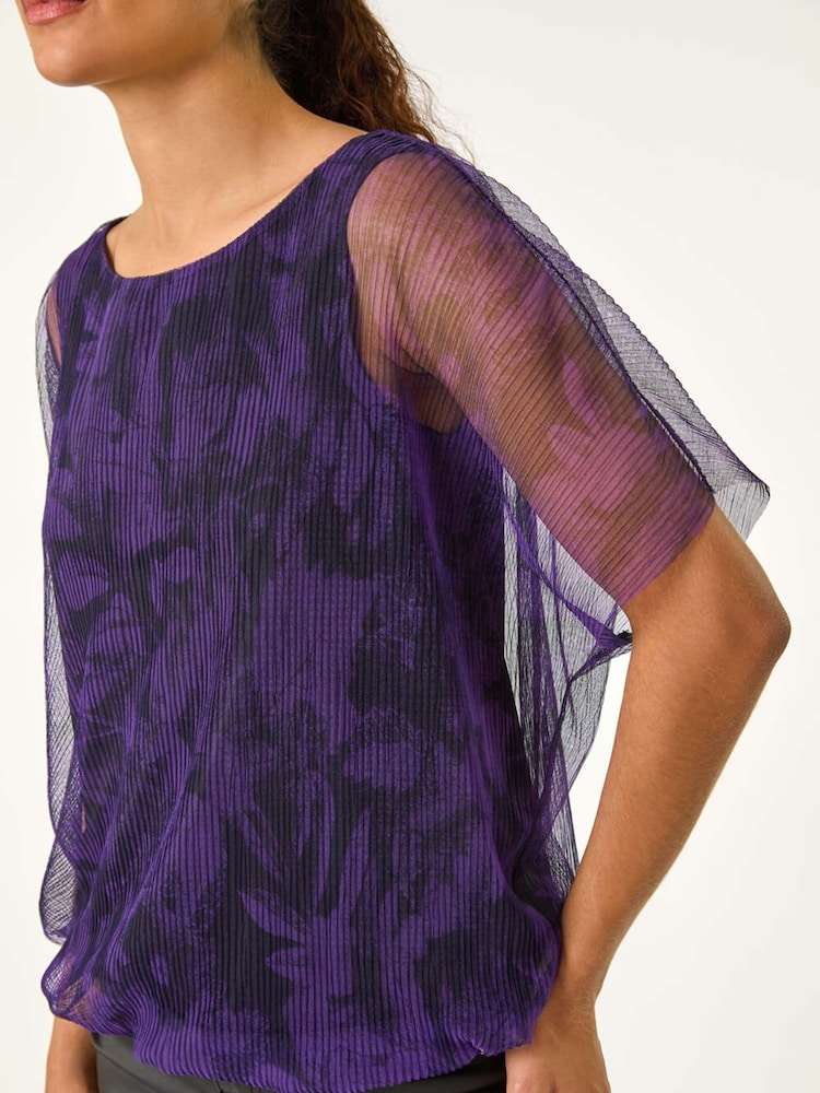 Roman Purple Floral Plisse Bubble Hem Top - Image 6 of 6
