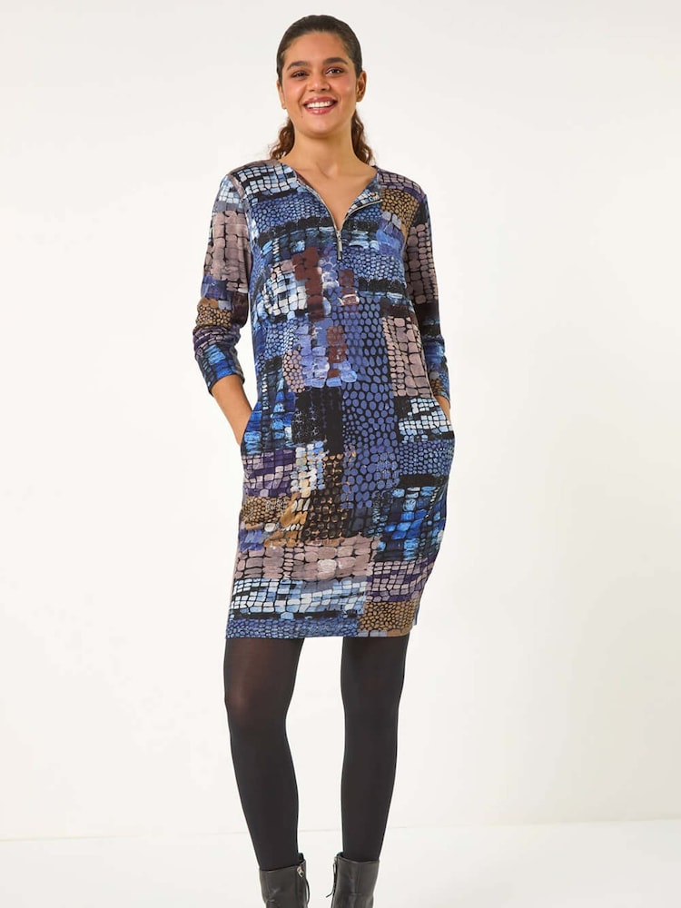 Roman Blue Pebble Spot Zip Detail Midi Dress - Image 1 of 6
