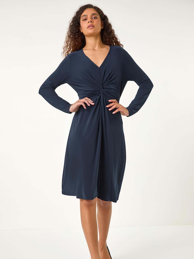 Roman Blue Twist Front Stretch Midi Dress - Image 1 of 6