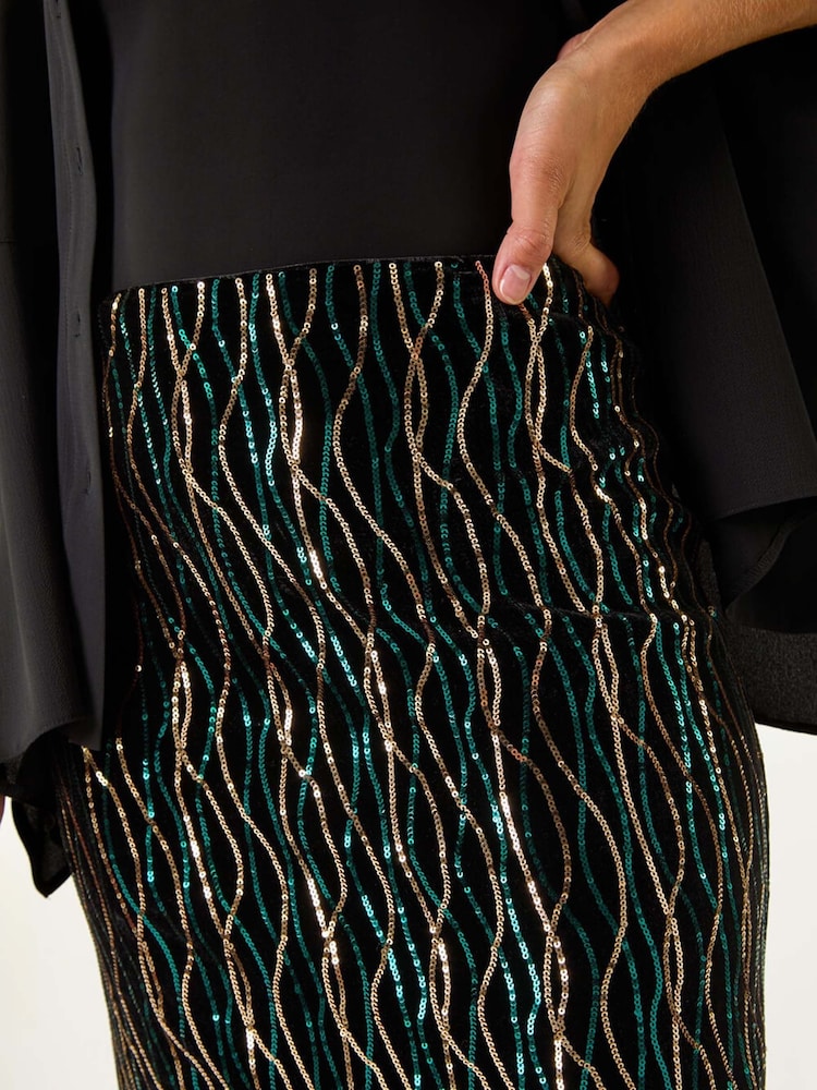 Roman Black Velvet Sequin Detail Pencil Skirt - Image 5 of 5