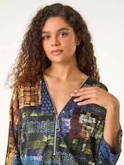 Roman Green Abstract Print Front Zip Stretch Top - Image 1 of 5