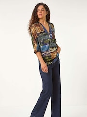 Roman Green Abstract Print Front Zip Stretch Top - Image 2 of 5
