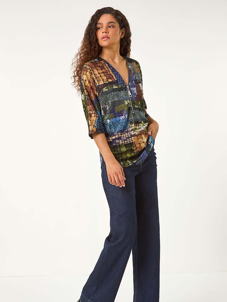 Roman Green Abstract Print Front Zip Stretch Top - Image 2 of 5