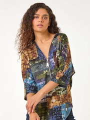 Roman Green Abstract Print Front Zip Stretch Top - Image 4 of 5