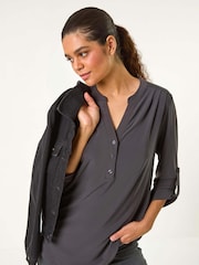 Roman Grey V-Neck Button Detail Stretch Shirt - Image 1 of 6