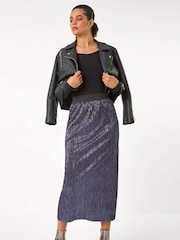 Roman Blue Foil Plisse Pleated Pencil Skirt - Image 2 of 5