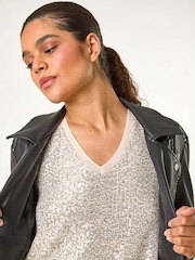Roman Metallic Sequin V-Neck Tunic Stretch Top - Image 1 of 5