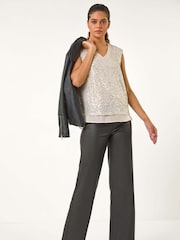Roman Metallic Sequin V-Neck Tunic Stretch Top - Image 2 of 5