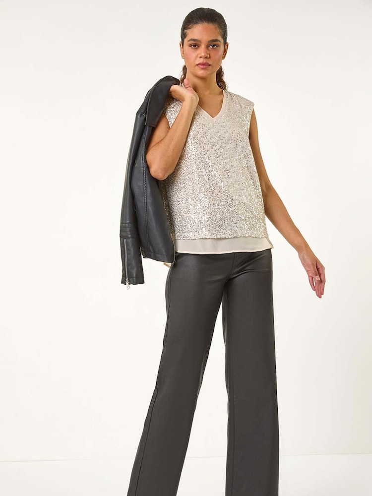Roman Metallic Sequin V-Neck Tunic Stretch Top - Image 2 of 5