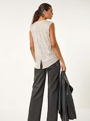 Roman Metallic Sequin V-Neck Tunic Stretch Top - Image 3 of 5