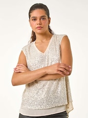 Roman Metallic Sequin V-Neck Tunic Stretch Top - Image 4 of 5
