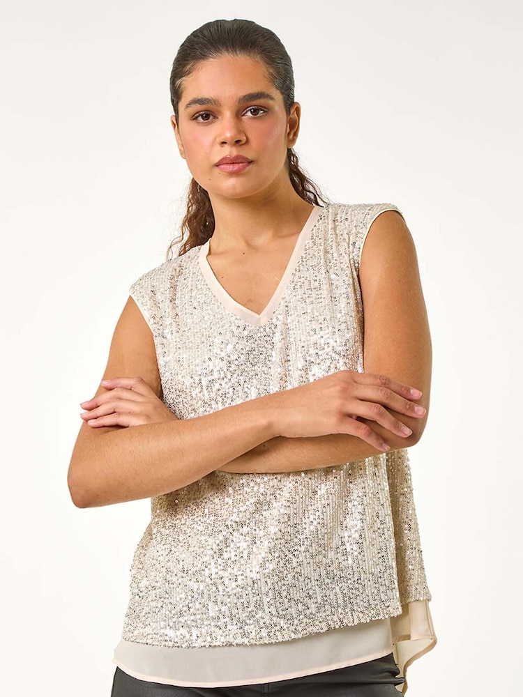 Roman Metallic Sequin V-Neck Tunic Stretch Top - Image 4 of 5