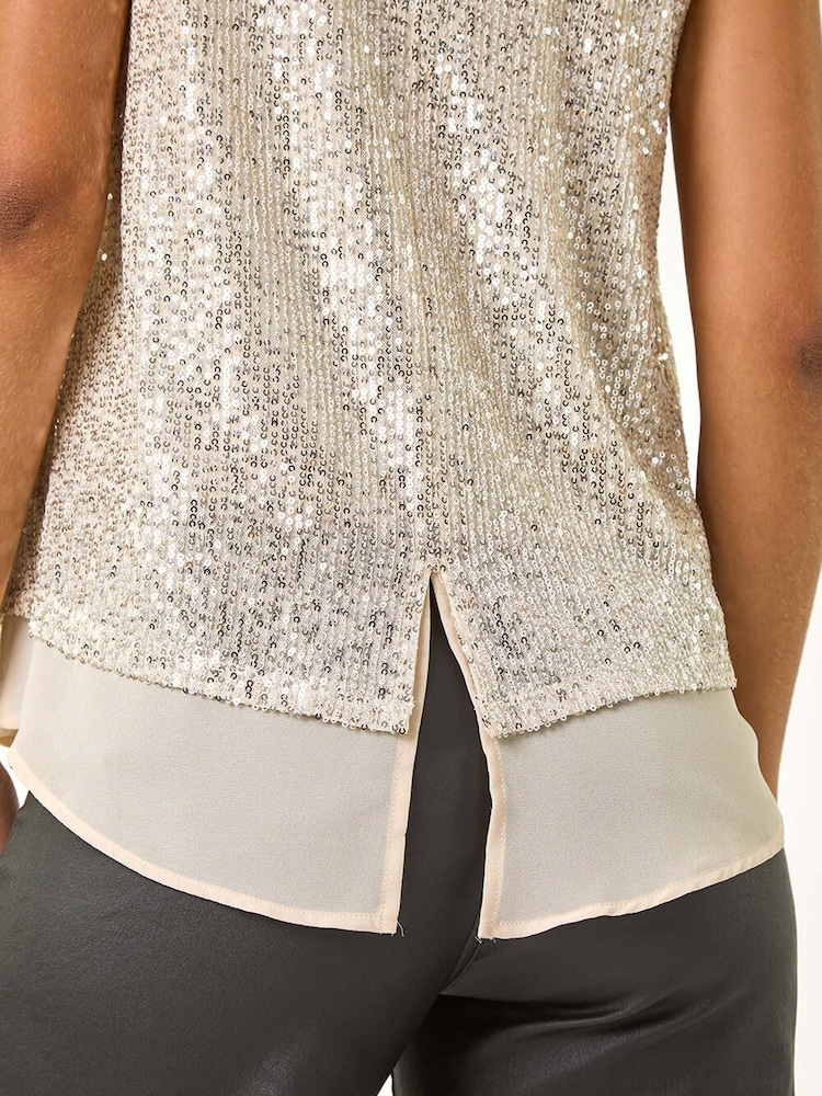 Roman Metallic Sequin V-Neck Tunic Stretch Top - Image 5 of 5