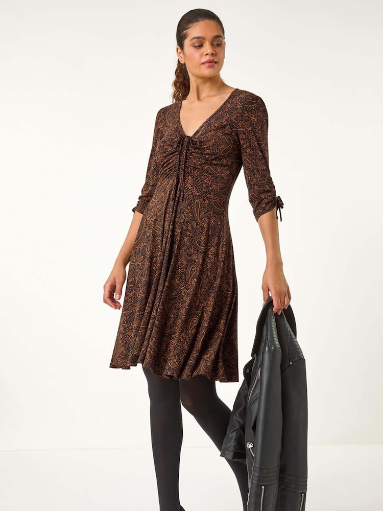 Roman Yellow Ditsy Paisley Print Gathered Dress - Image 1 of 5