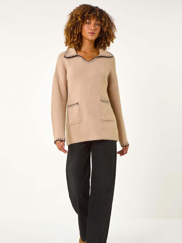 Roman Natural Blanket Stitch Collared Jumper - Image 2 of 5