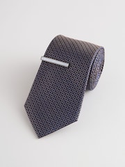 Navy Wide Silk Tie With Tie Clip - Image 1 of 3