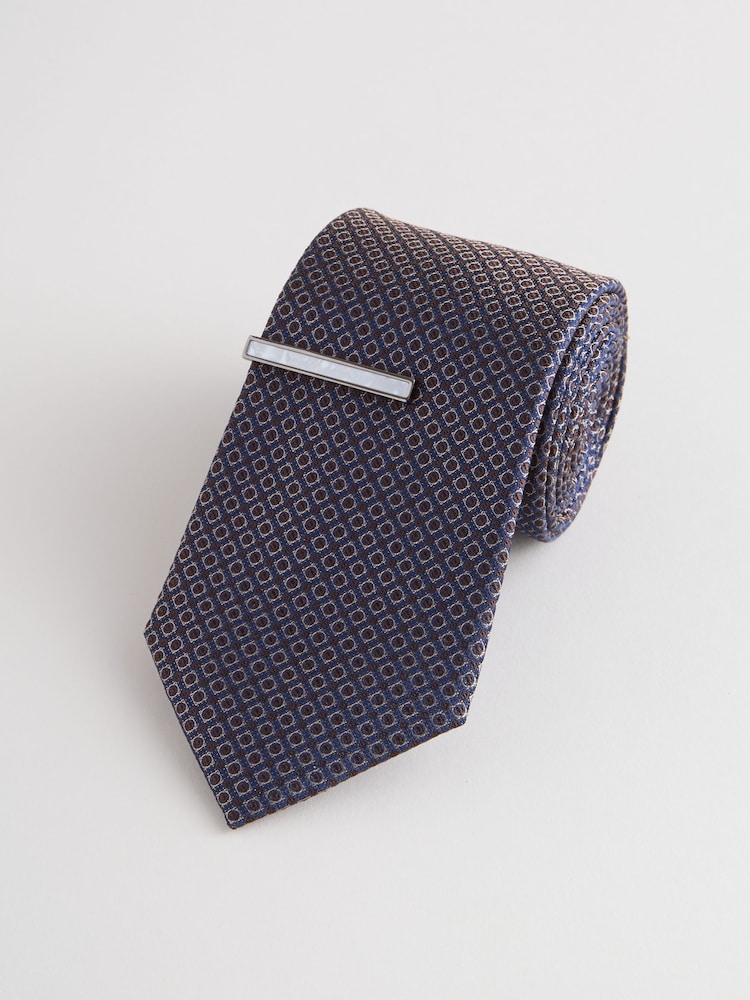 Navy Wide Silk Tie With Tie Clip - Image 1 of 3