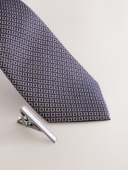 Navy Wide Silk Tie With Tie Clip - Image 2 of 3