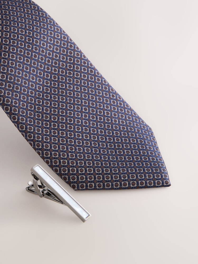 Navy Wide Silk Tie With Tie Clip - Image 2 of 3