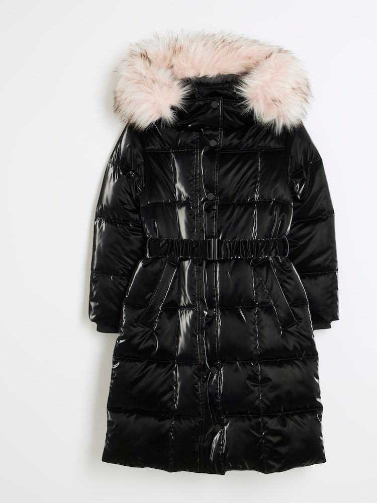 River Island Black Girls Hooded Faux Fur Puffer Coat - Image 1 of 4