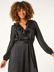 Roman Black Satin V-Neck Ruffle Dress - Image 3 of 6
