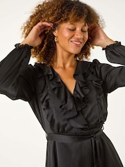Roman Black Satin V-Neck Ruffle Dress - Image 5 of 6