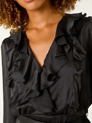 Roman Black Satin V-Neck Ruffle Dress - Image 6 of 6